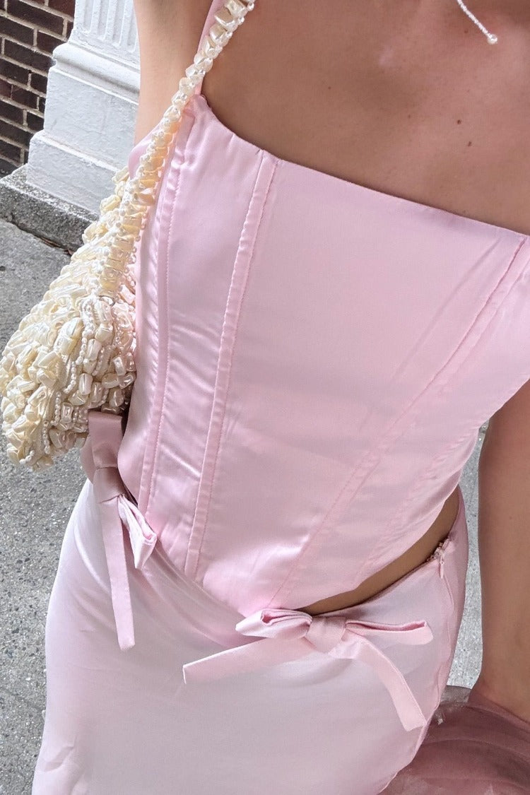 Beginning Boutique Azriel Pink Satin Bow Maxi Skirt pink satin maxi skirt with side bows