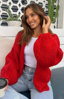 Beginning Boutique Bad Habits Red Knit Cardigan red chunky knit oversized open-front cardigan with wide long sleeves