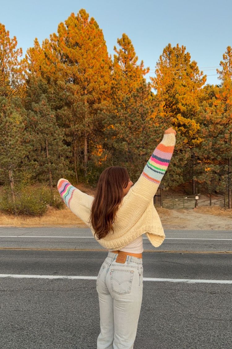 Rear view of a cream chunky knit cardigan with multi-coloured rainbow stripes on the long sleeves