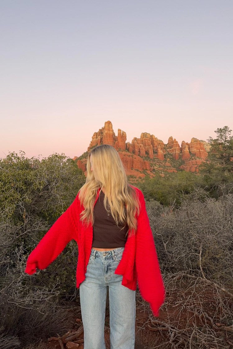 Beginning Boutique Bad Habits Red Knit Cardigan red chunky knit oversized open-front cardigan with wide long sleeves