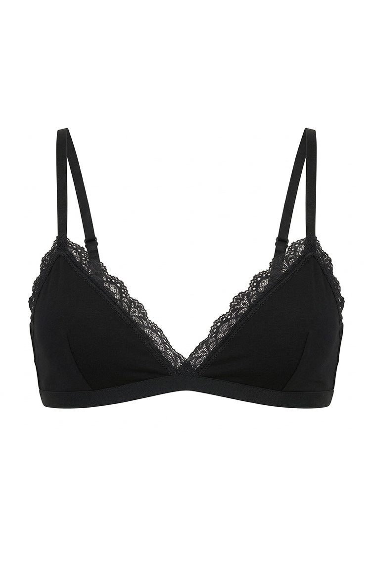 Front view of a black jersey bralette featuring triangle cups and delicate lace trim
