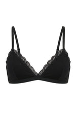 Front view of a black jersey bralette featuring triangle cups and delicate lace trim