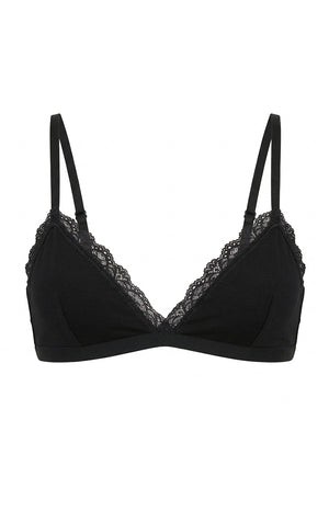 Front view of a black jersey bralette featuring triangle cups and delicate lace trim