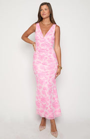 Pink floral maxi dress with a V-neckline and ruched detailing on the bust