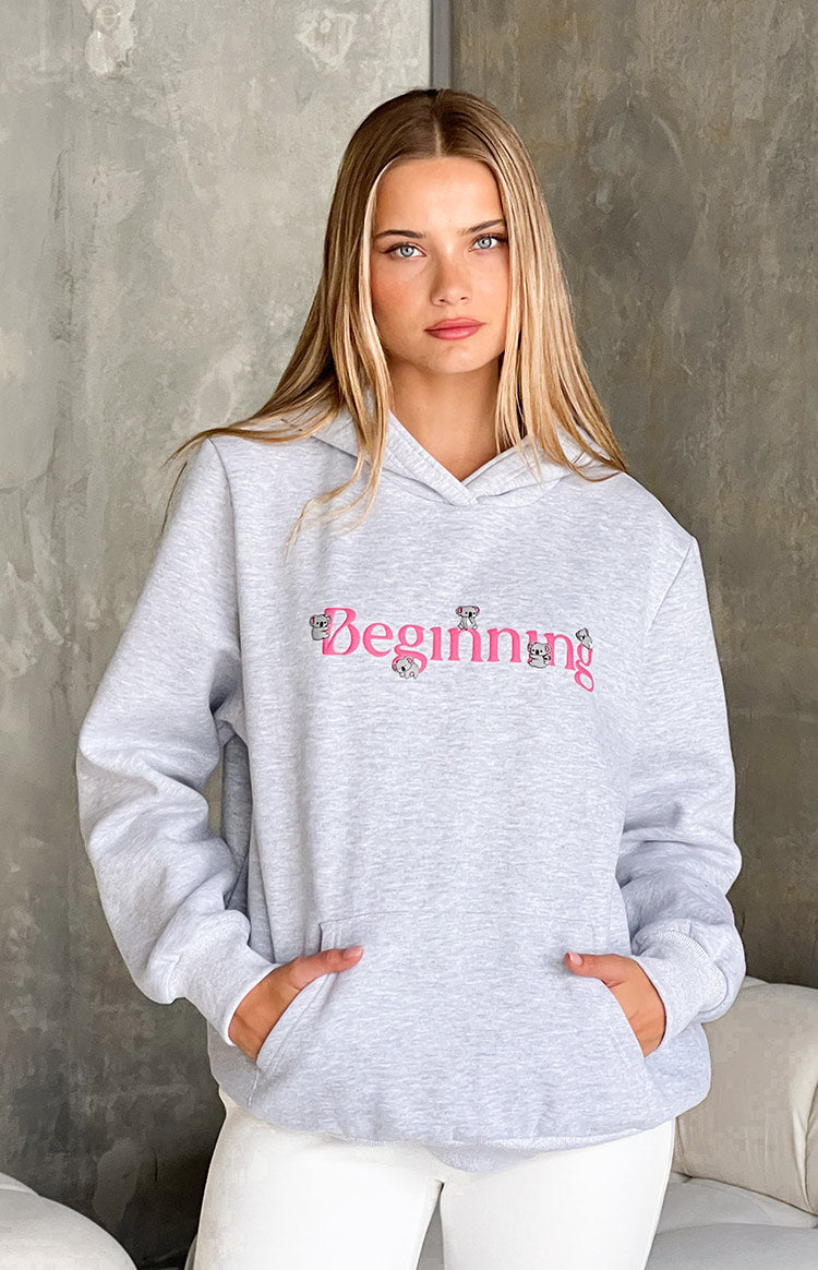 Beginning Boutique Beginning Grey Marl Koala Bubble Hoodie oversized long sleeve with pink 'Beginning' text and koala graphics