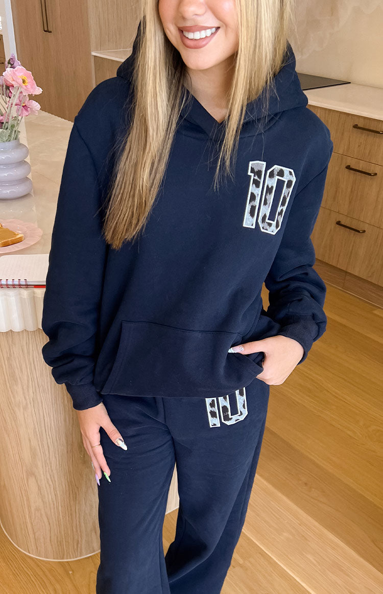 Navy hoodie with leopard print '10' on chest and matching navy track pants with leopard print 'BB' on thigh
