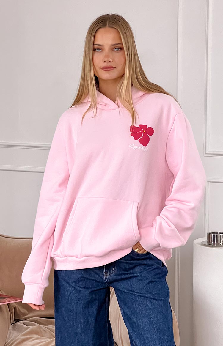 Beginning Boutique Beginning Pink Hawaii Hoodie light pink hooded sweatshirt with red hibiscus graphic and kangaroo pocket