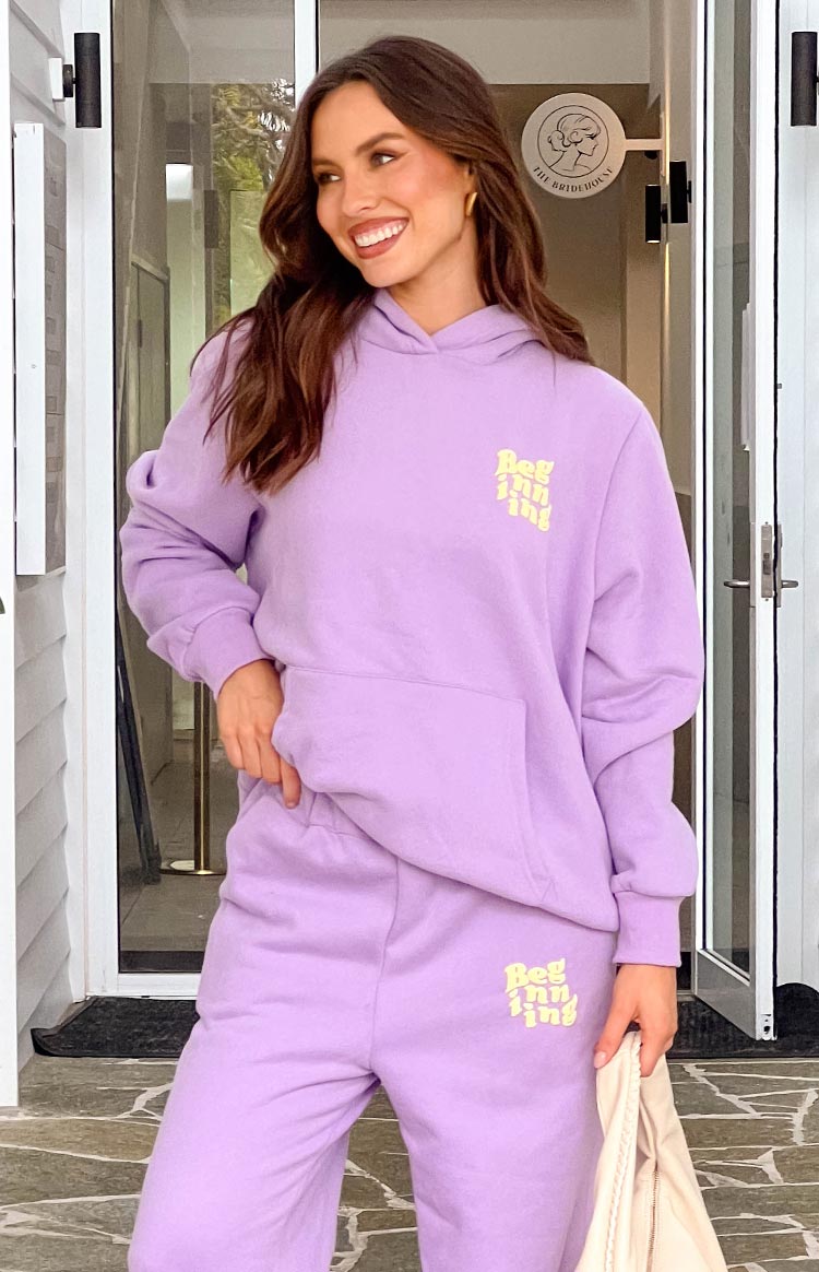 Beginning Boutique Beginning Purple Snuggle Bubble Hoodie lilac oversized hooded sweatshirt with kangaroo pocket and lime green logo
