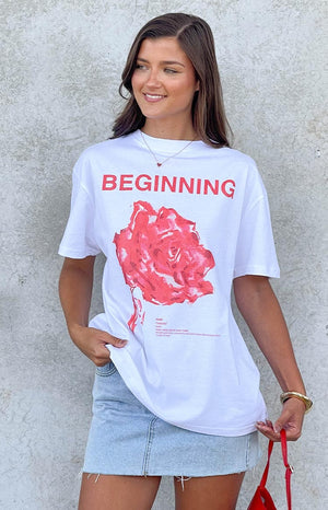 Beginning Boutique Beginning Rose White Tee white oversized short sleeve t-shirt with a red 'BEGINNING' text and large red rose graphic