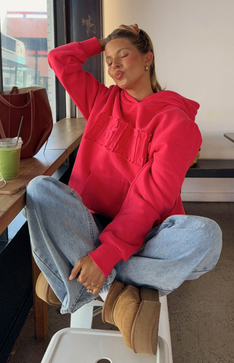 Beginning Boutique Beginning Watermelon Red Applique Hoodie watermelon red oversized hoodie with "BEGINNING" applique and kan