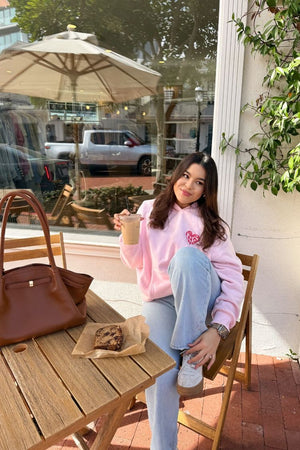 Beginning Boutique Beginning Pink Lovey Bubble Hoodie pink oversized pullover hoodie with a heart graphic and ribbed cuffs