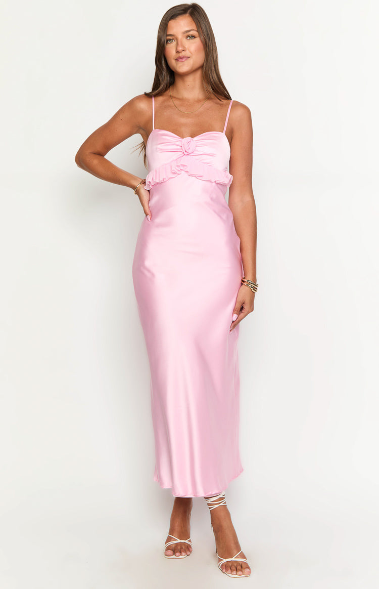 Pink satin maxi dress featuring a ruffled sweetheart neckline and thin spaghetti straps