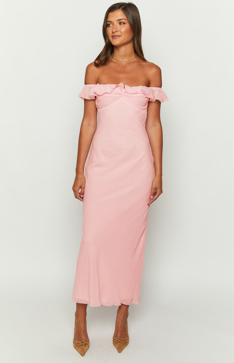 Pink off-shoulder maxi dress with ruffled neckline and ruched bust detail