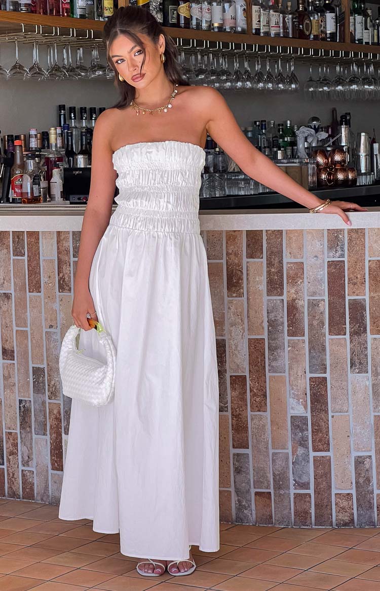 Beginning Boutique Benetti White Strapless Maxi Dress white strapless maxi with ruched bodice and shirred waist