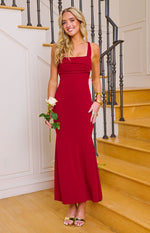 Wine red crepe maxi dress with a square neckline, ruched bodice, and a gently flared skirt