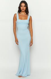 Baby blue ribbed mesh maxi dress with a square neckline, wide ruched straps, and a fitted bodycon silhouette