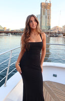 Beginning Boutique Beverley Black Mesh Maxi Dress black sleeveless bodycon maxi with side cutouts and tie-back