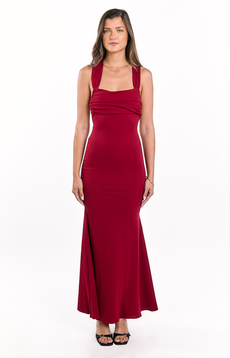 Wine crepe maxi dress with a ruched square neckline and wide, multi-strap shoulders