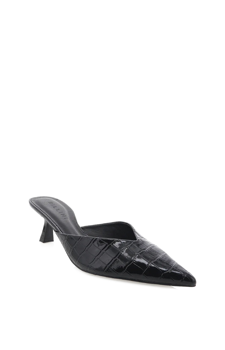 Side view of a black crocodile embossed mule heel with a pointed toe and flared kitten heel