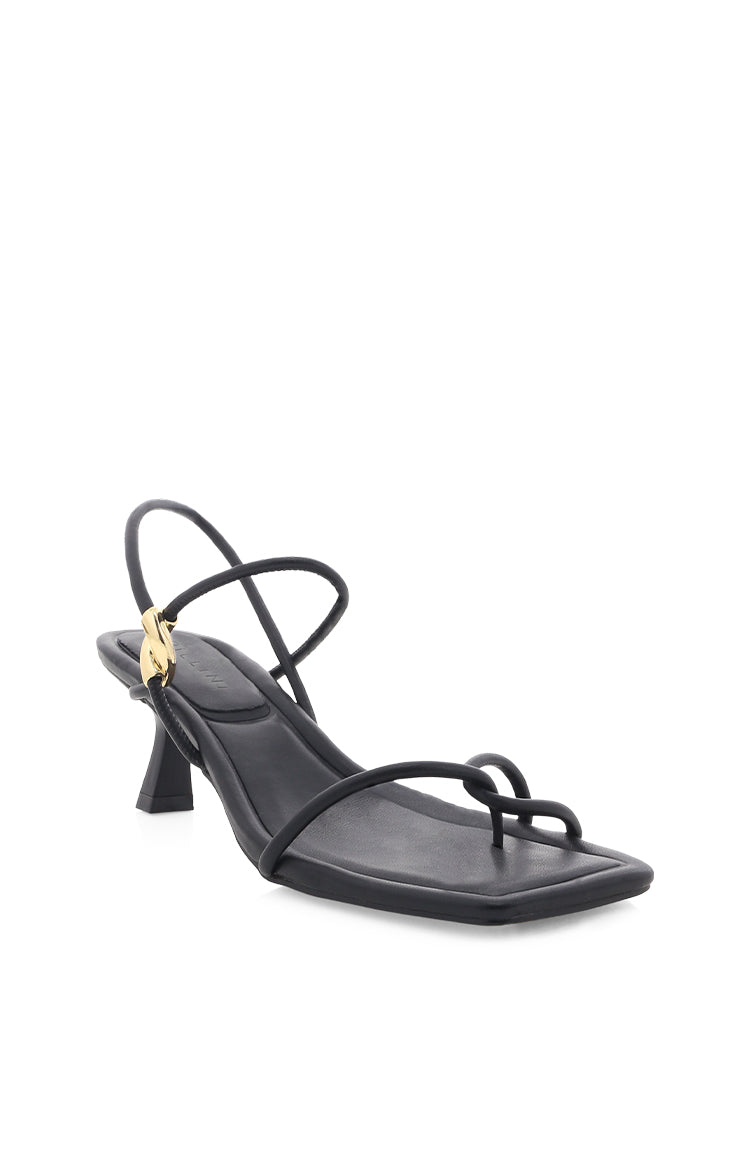 Black square toe heels with thin tubular straps, a toe loop, gold-tone hardware on the ankle strap, and a flared block heel