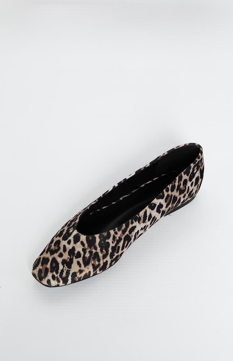 Top-down view of a single leopard print ballet flat with a pointed toe and black interior