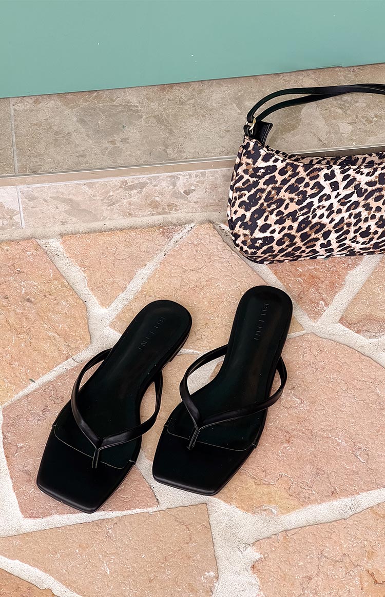 Black square toe thong flats with thin straps