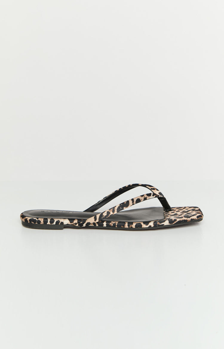 Side view of a leopard print flat with thin black straps and a square toe