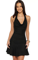 Beginning Boutique Billy Black Cowl Neck Mesh Mini Dress black halter cowl neck mini dress with a fitted bodice and asymmetric ruffle hem