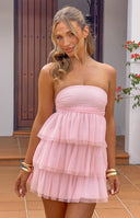 Beginning Boutique Birthday Girl Pink Mini Party Dress pink strapless ruched bandeau bodice tiered tulle mini dress
