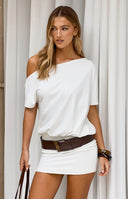 White off-shoulder mini dress with a blouson bodice and short dolman sleeves