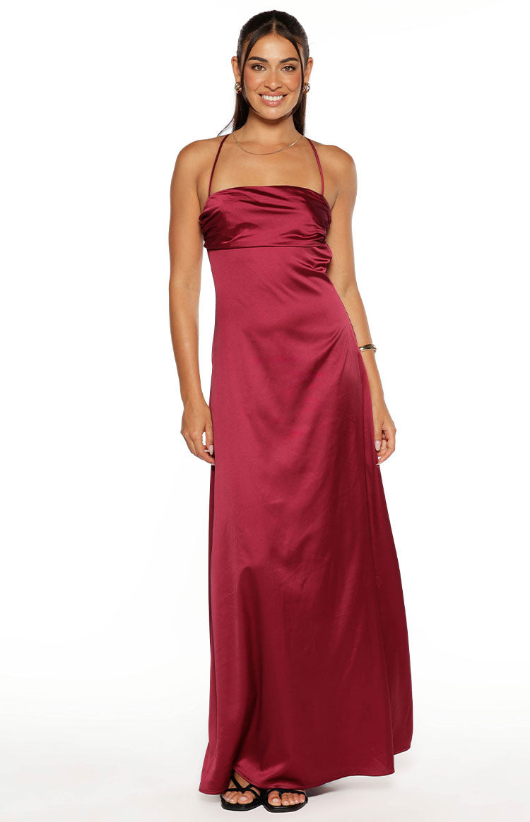 Blaise Burgundy Satin Maxi Dress Image