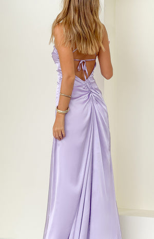 Beginning Boutique Blaise Lilac Satin Maxi Dress lilac satin maxi with spaghetti straps, tie-back, low scoop back, and ruched detail