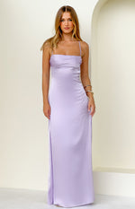 Front view of a lilac satin maxi dress with a ruched straight neckline and thin spaghetti straps
