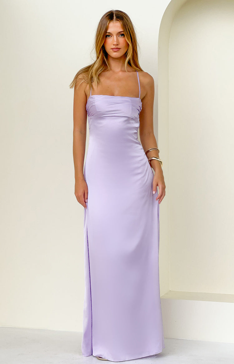 Front view of a lilac satin maxi dress with a ruched straight neckline and thin spaghetti straps
