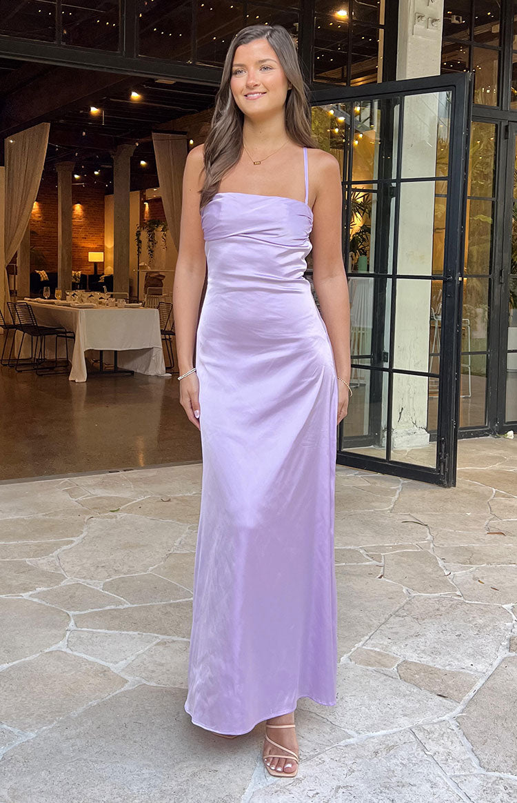Full length front view of a lilac satin maxi dress with a draped cowl neckline and thin straps