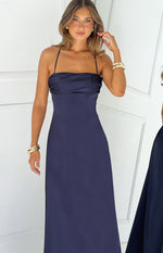 Navy satin maxi dress with a draped bandeau bodice and thin spaghetti straps