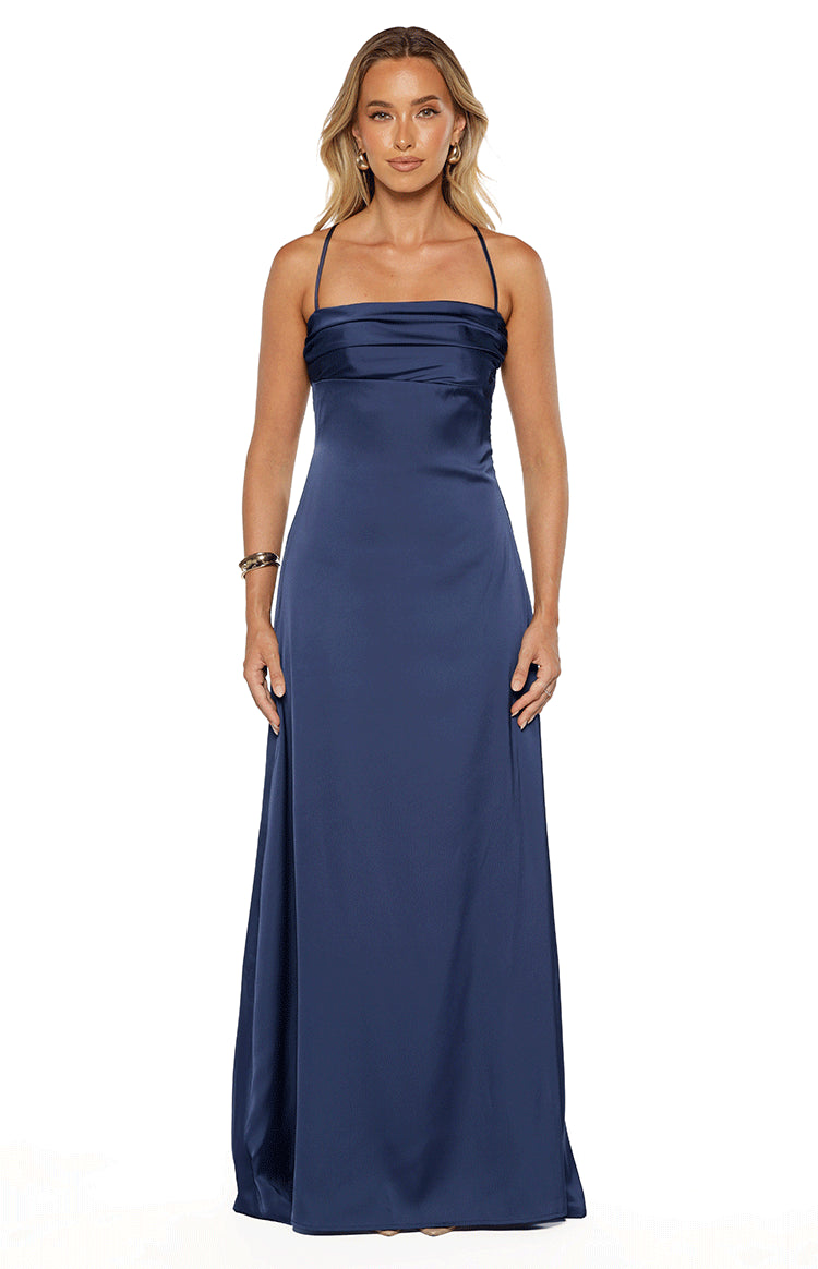 Full front view of a navy satin maxi dress with a draped strapless neckline and thin spaghetti straps