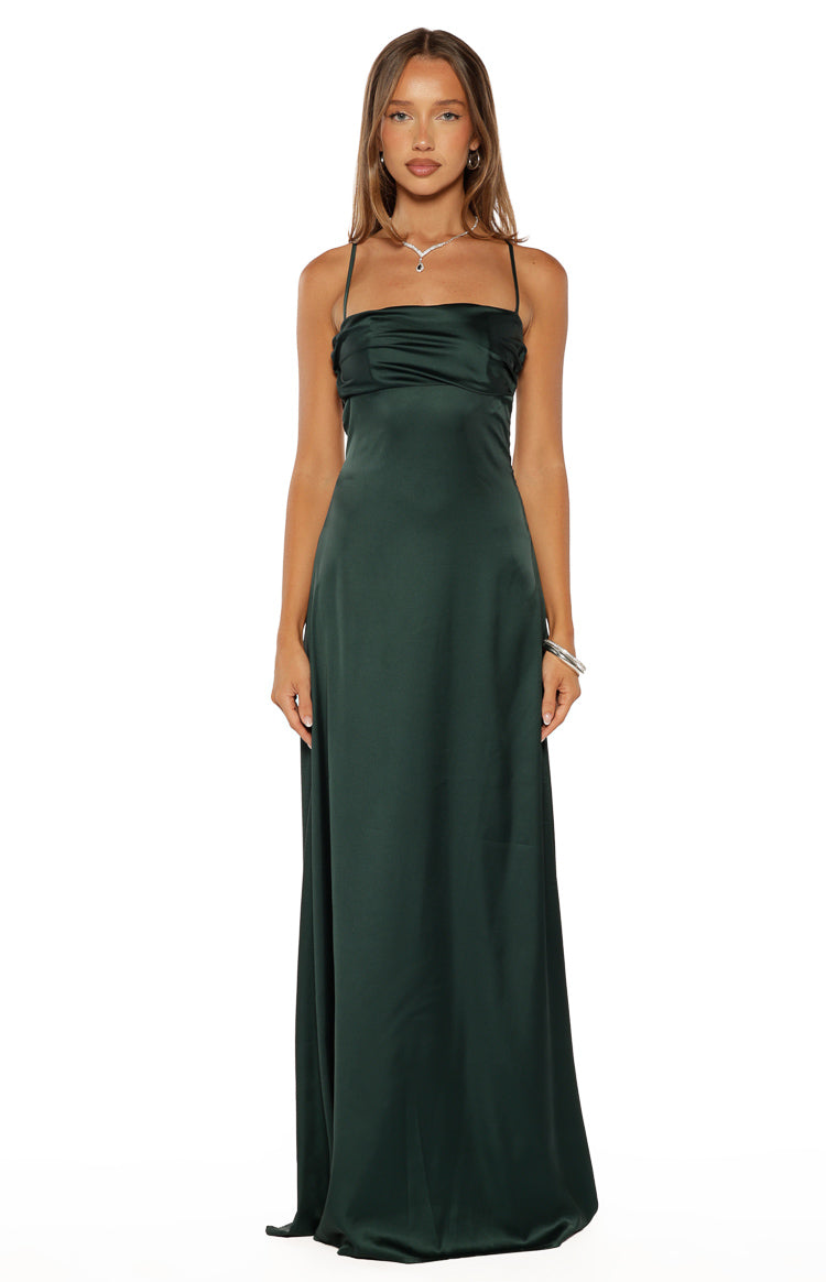 Emerald satin maxi dress featuring a fitted bodice, draped bust, and a flowing A-line skirt