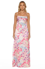 Front view of a multi floral satin maxi dress with a cowl neckline and thin spaghetti straps