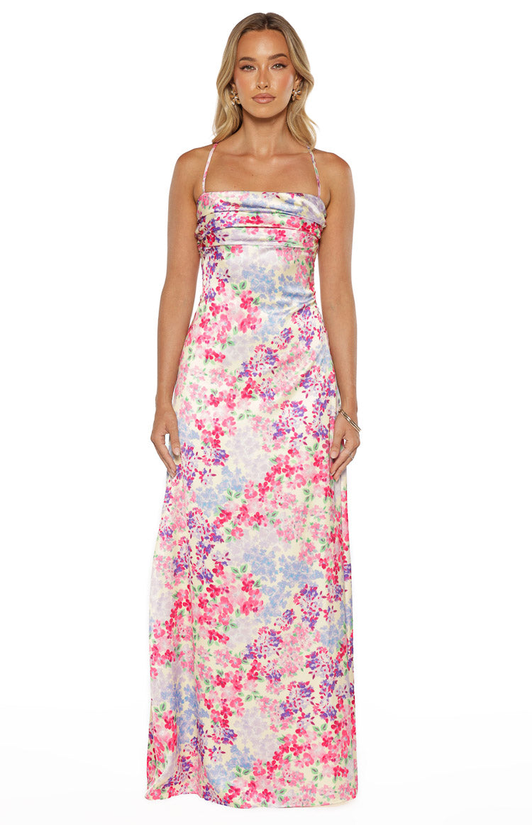 Front view of a multi floral satin maxi dress with a cowl neckline and thin spaghetti straps