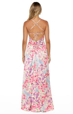 Back view of the multi floral satin maxi dress featuring a low scoop back, criss-cross straps, and ruched tie-back