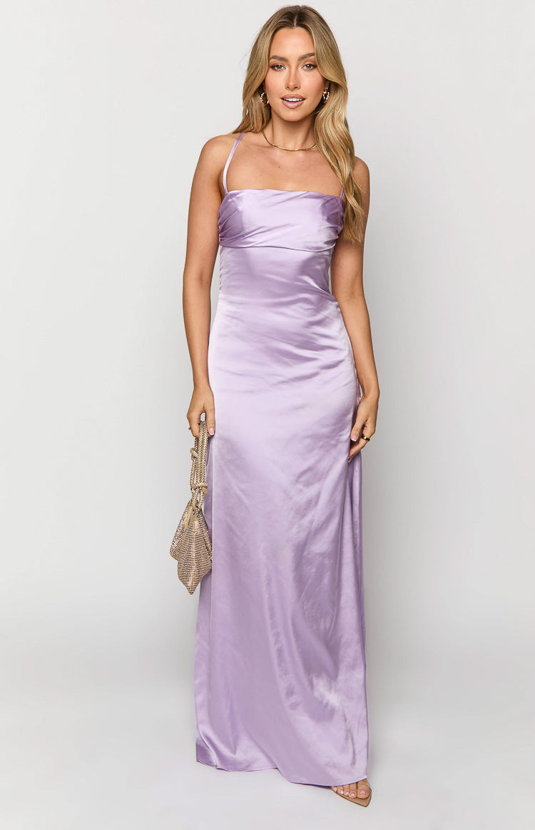 Front view of a lilac satin maxi dress with a draped straight neckline and thin spaghetti straps