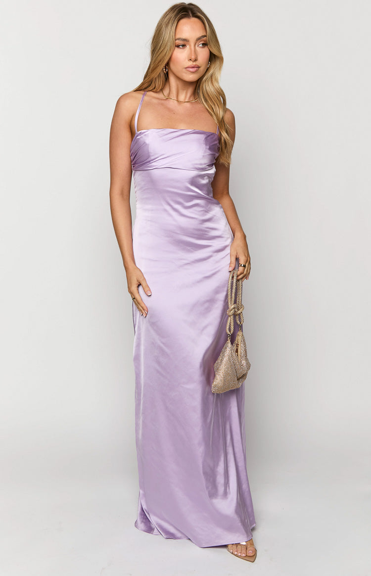 Front view of a lilac satin maxi dress with a draped straight neckline and thin spaghetti straps