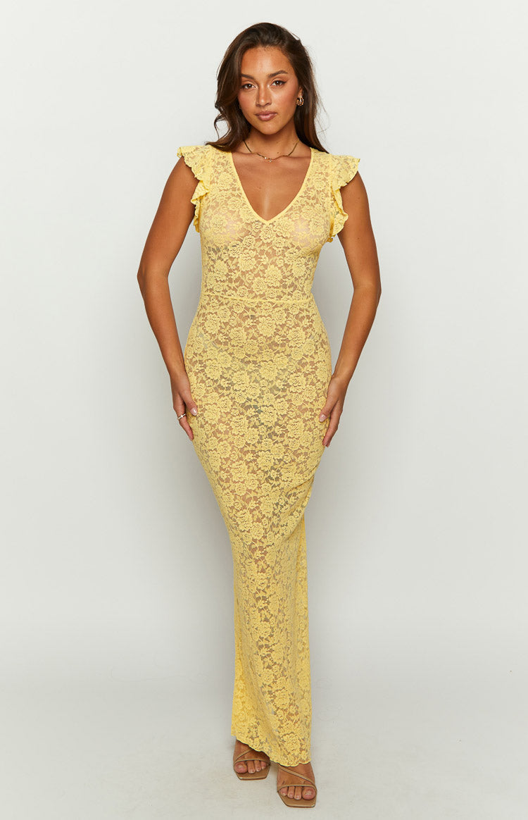 Full front view of a yellow floral lace maxi dress with a V-neckline and ruffled cap sleeves, fitted silhouette