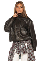 Front view of a distressed brown PU jacket with a funnel neck, snap button placket, and two flap pockets