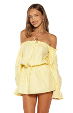 Yellow off-shoulder mini dress with ruffled neckline, front drawstring tie, and long blouson sleeves with ruffled cuffs