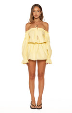 Relaxed fit yellow Bardot mini dress with elasticated ruffled cuffs and drawstring waist