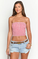 Boston Red Gingham Strapless Top Image