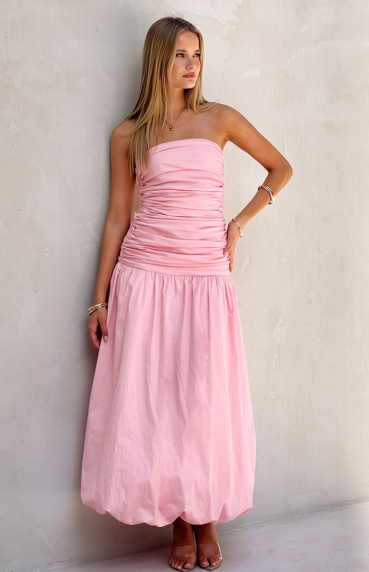 Beginning Boutique Boulevard Pink Strapless Maxi Dress pink strapless maxi dress with a ruched bodice and full bubble skirt