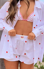 Beginning Boutique Brad White Strawberry Embroidered Boxer Shorts white boxer shorts with red strawberry embroidery and elast